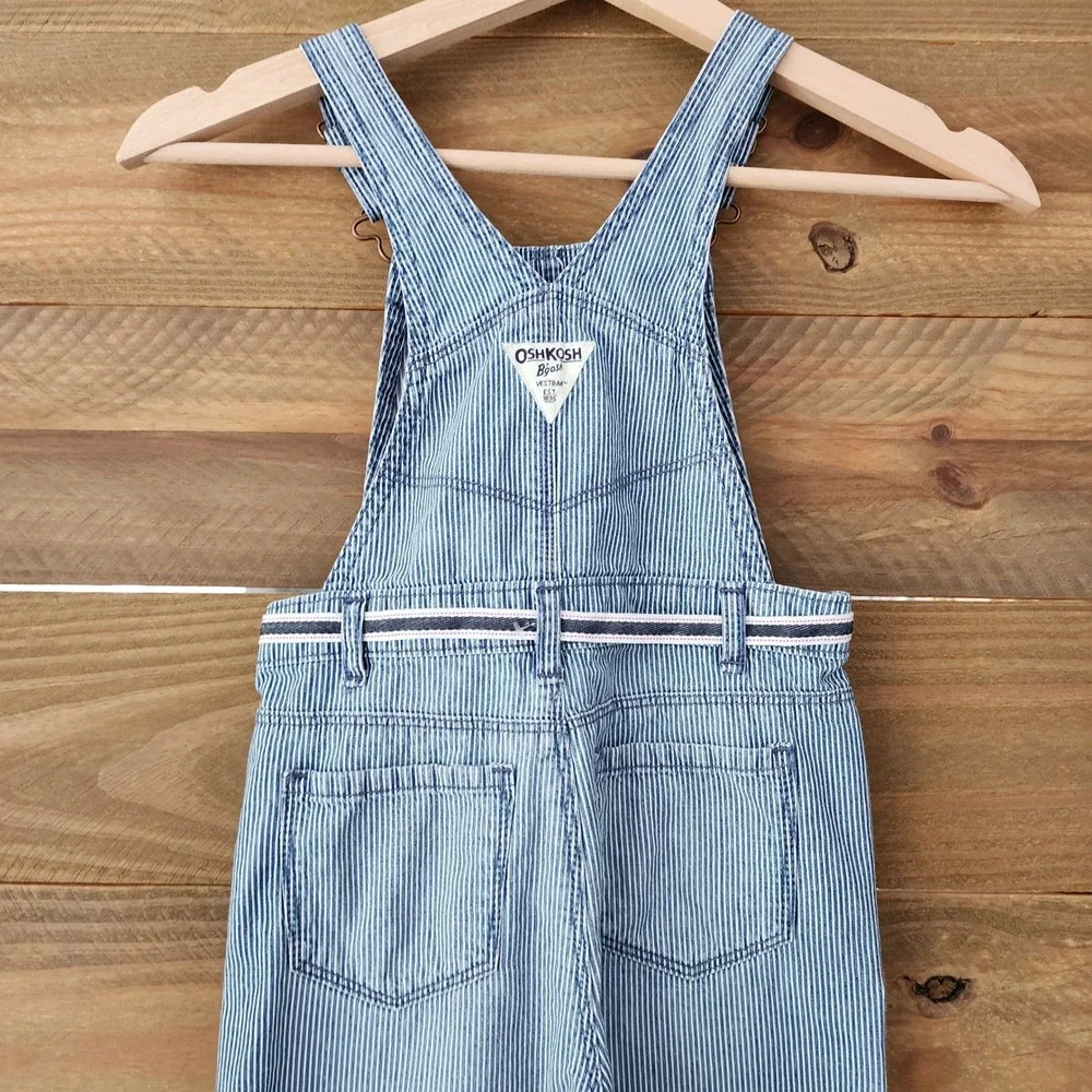 OshKosh blue white‎ striped conductor overalls tie girls size 5T